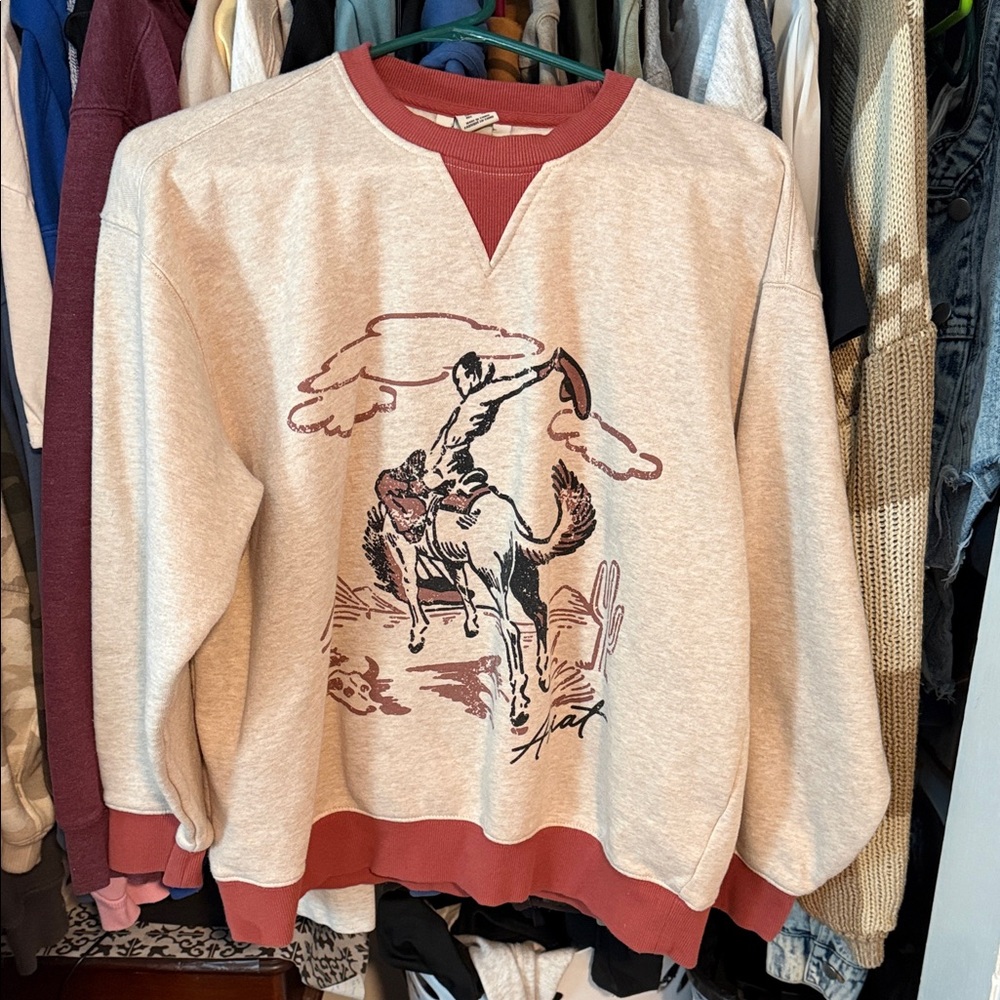 Ariat Beige and Red Cowboy Graphic Crewneck Sweater